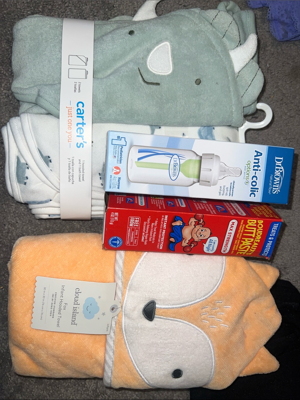 3x Orange Fox & Green Dino Hooded Baby Towels NEW + Boudreaux paste + new bottle